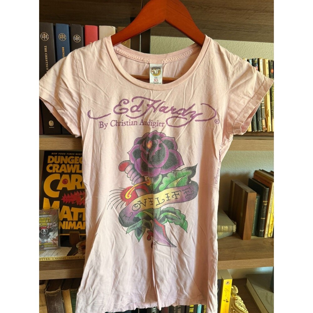Vintage Ed Hardy Shirt Womens XS Pink Love Life Purple Rose Tattoo Y2K Graphic T